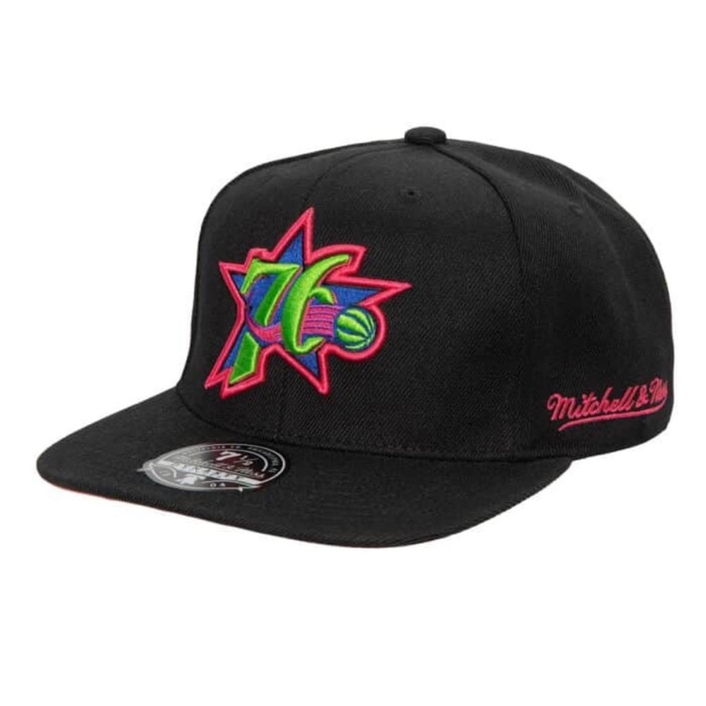 Mitchell & Ness Black Snapback Hat with Neon Pink & Lime Logo